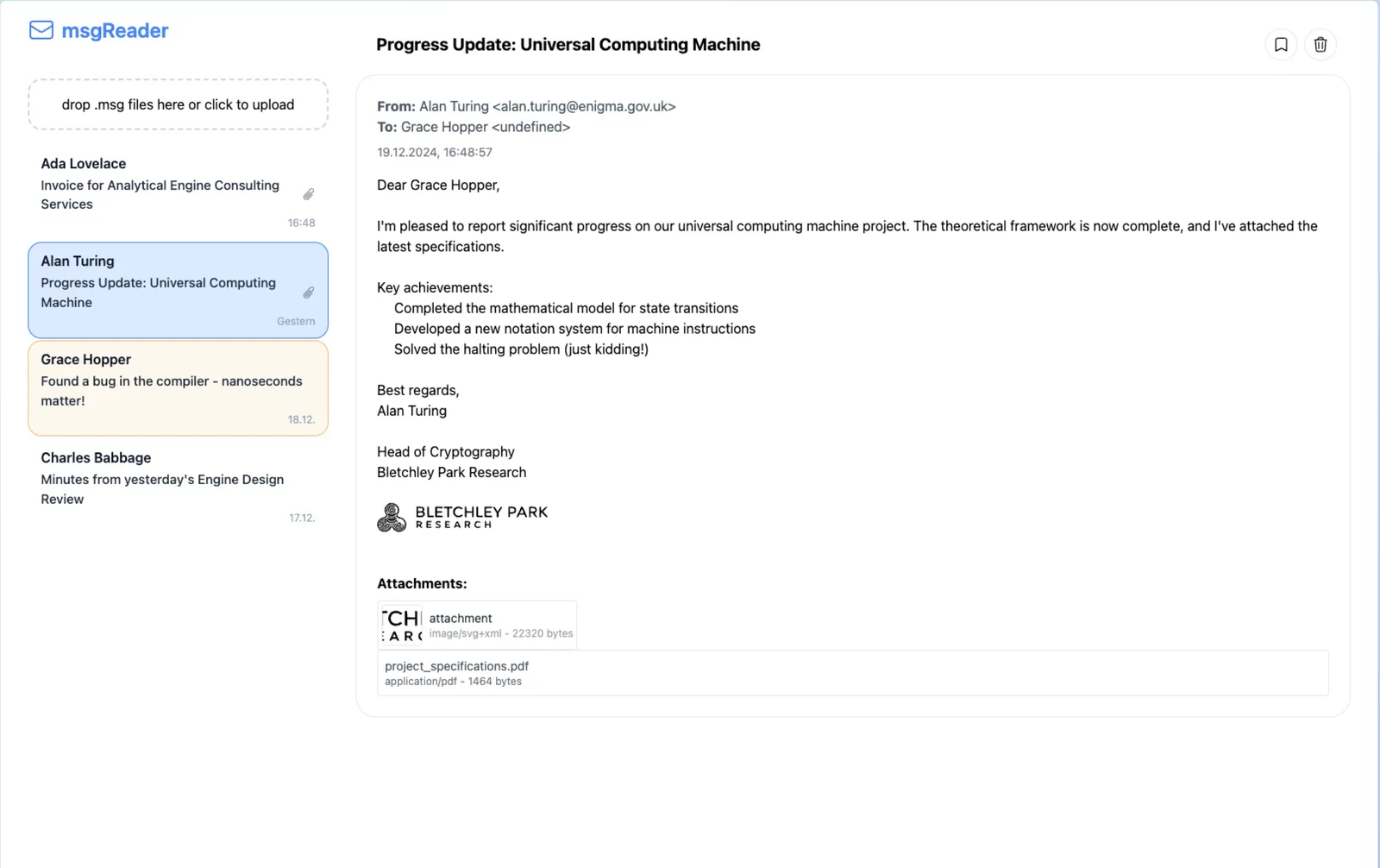 msgReader mit geöffneter Beispiel-E-Mail und Anhängen
