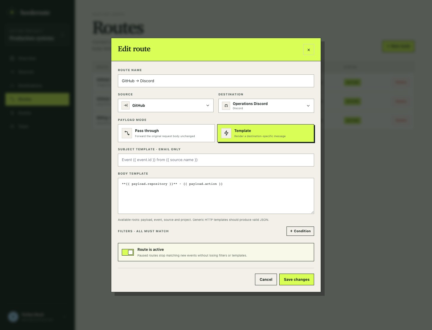 Routeneditor von Hookroute mit Filtern und Payload-Transformation