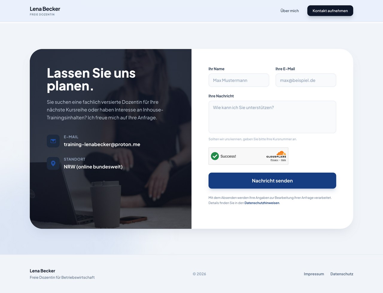 Kontaktbereich von lena-becker.de mit Formular