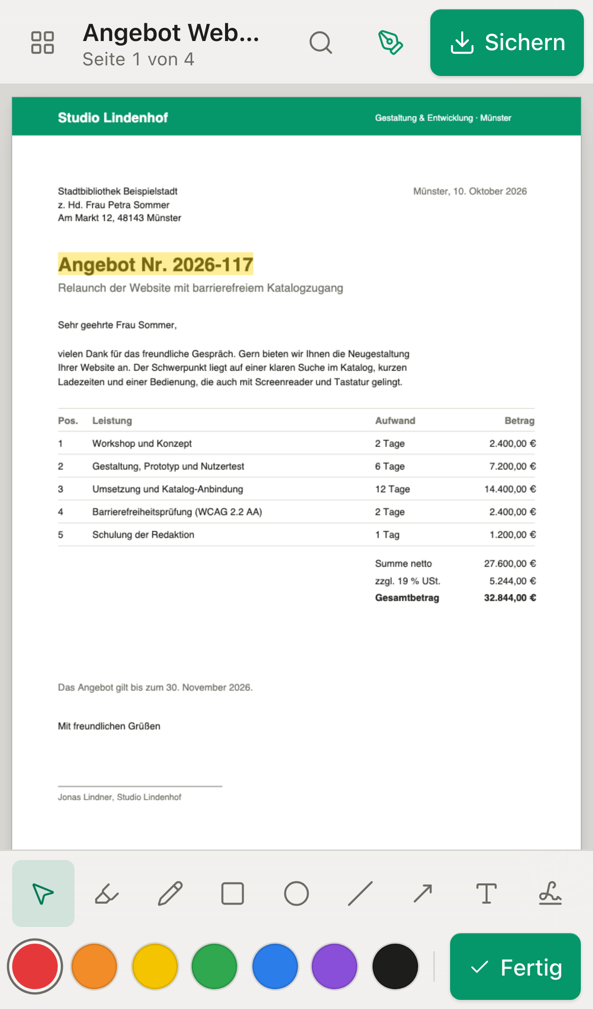 Smartphone: hervorgehobener Text, Markierungswerkzeuge am unteren Rand