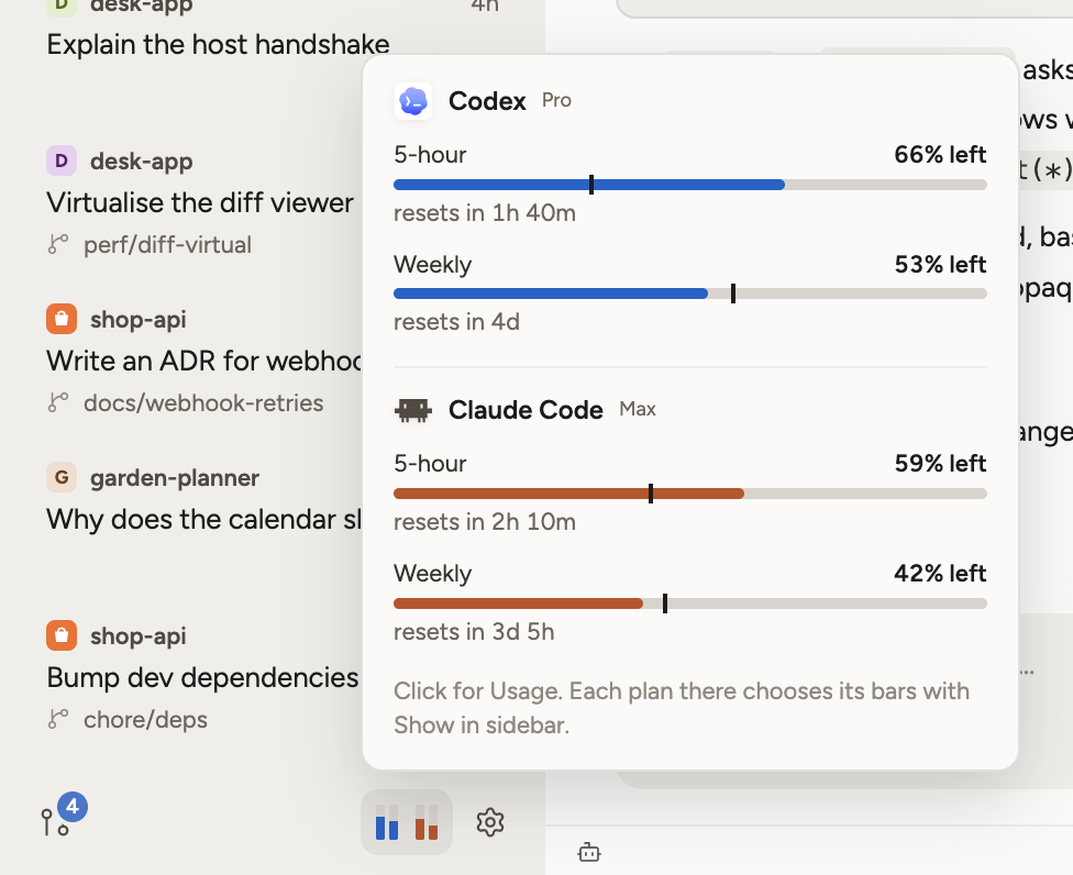 Limit-Balken im Sidebar-Fuß von Tau mit geöffneter Karte für Codex und Claude Code
